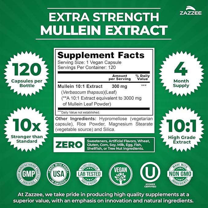 Zazzee Extra Strength Mullein Leaf 10:1 Extract, 120 Vegan Capsules, 4 Month Supply, Verbascum Thapsus, Respiratory & Lung Support, Certified Kosher, 100% Pure Leaf Powder, Non-GMO, Made in the USA
