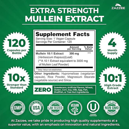 Zazzee Extra Strength Mullein Leaf 10:1 Extract, 120 Vegan Capsules, 4 Month Supply, Verbascum Thapsus, Respiratory & Lung Support, Certified Kosher, 100% Pure Leaf Powder, Non-GMO, Made in the USA