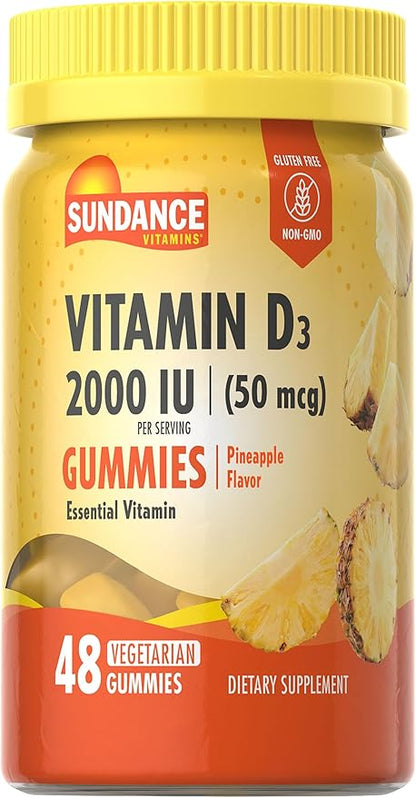 Sundance Vitamin D3 Gummies | 2000 IU | 48 Count | Pineapple Flavor | Vegetarian, Non-GMO, and Gluten Free Supplement