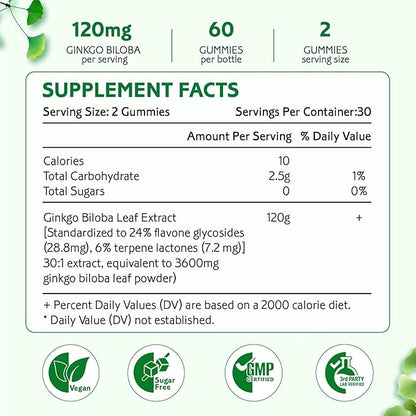 Ginkgo Biloba Gummies for Women and Men, Brain Supplement Improve Better Mood and Focus, Vegan Mixed Berry Flavor 60 Count