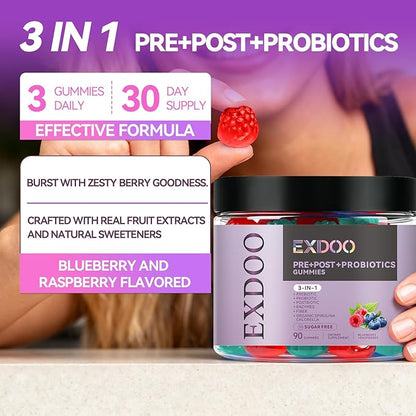 3-in-1 Probiotic Gummies Prebiotic+Probiotic+Postbiotic with Organic Spirulina Chlorella Immune Gut & Digestive Support 90 Count