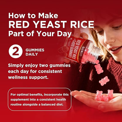 MEENCCD Red Yeast Rice with CoQ10 Gummies, Red Yeast Rice Supplement with Coenzyme Q10 for Overall Well-Being, Sugar Free, Vegan, Raspberry Flavor, 60 Count