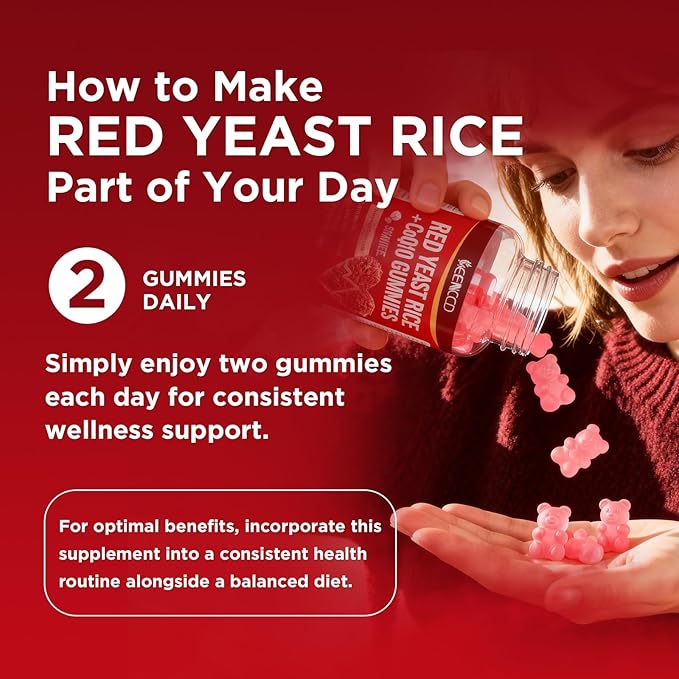 MEENCCD 2 Pack Red Yeast Rice with CoQ10 Gummies, Red Yeast Rice Supplement with Coenzyme Q10 for Overall Well-Being, Sugar Free, Vegan, Raspberry Flavor, 120 Count
