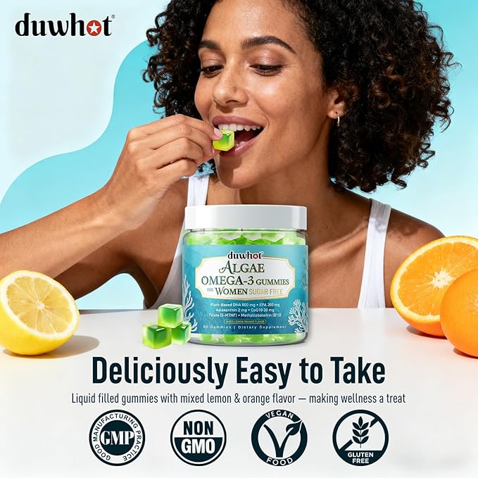 duwhot Vegan Omega-3 Gummies for Women, Algae DHA & EPA 1000mg, with CoQ10, Astaxanthin, Fish Oil Supplement Alternative for Adults, Heart & Brain Health, 60 Count