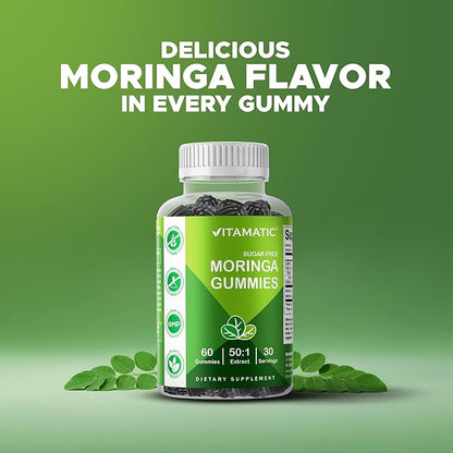 Vitamatic Moringa Gummies – Sugar-Free Botanical Extract – Green Superfood Supplement – Vegan, Pectin-Based, Non-GMO – Plant-Based Gummies – 60 Count