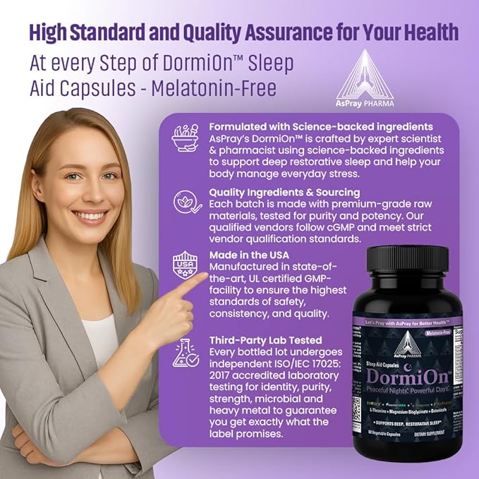 DormiOn™ Sleep + Restore + Stress Supplement | Herbal Sleep Aid for Women & Men | No Melatonin, Non-Habit Forming | Ashwagandha, GABA, Valerian & Magnesium | Vegan, 60 Capsules