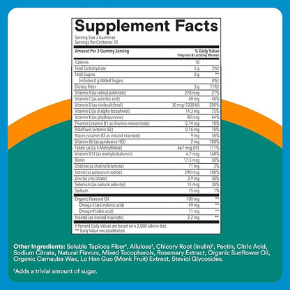 SmartyPants Zero Sugar Prenatal Multivitamin Gummies: Choline, Methylfolate, Omega 3 (ALA), Vitamin D3, C, Vitamin B12, B6, A, K, Zinc, Biotin, Gluten Free, No Sugar Alcohols, 90 Count (30 Day Supply)