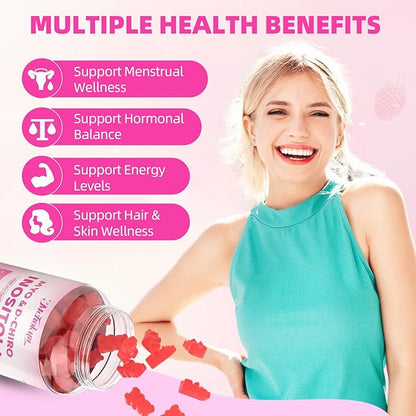 Myo-Inositol & D-Chiro Inositol Gummies, Ideal 40:1 Ratio Supplement for Women with Vitamin D3 & B12 for Support Hormonal Balance & Wellness, Sugar Free, Raspberry, 120 Count