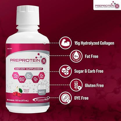 PreProtein 15 Liquid Hydrolyzed Collagen Peptides – Sugar Free Cherry Flavor Drink – 15g Protein Amino Acid Supplement for Bariatric Recovery, Joint Support & Wound Care – 16oz