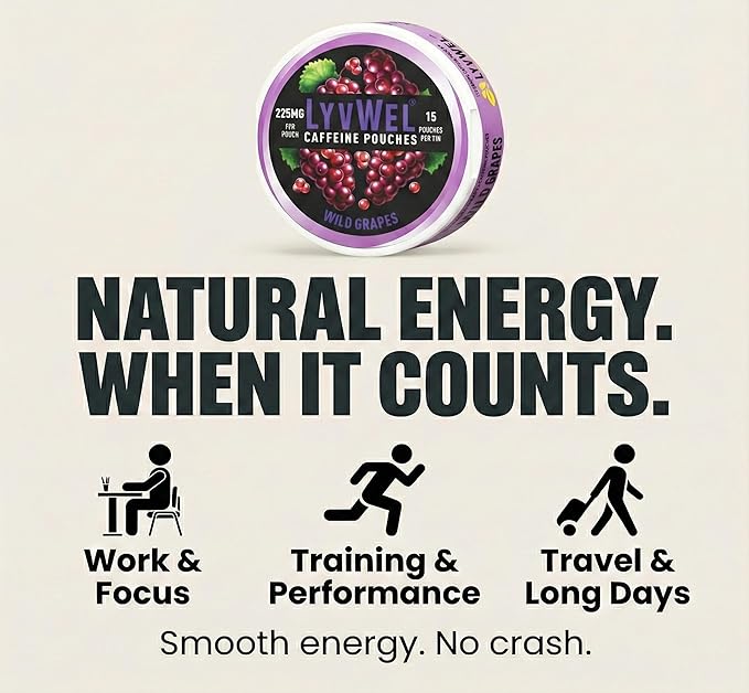 LyvWel Ultra Caffeine Pouch – Wild Grapes – 225mg Natural Caffeine with Guarana – Bold Grape Energy for Focus & Vibe – 1-Pack (15 Pouches)