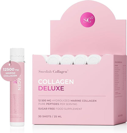 Swedish Collagen Deluxe | 12,500 mg Hydrolyzed Marine Collagen Liquid Supplement - 30 x 25 ml Daily Shots | Hyaluronic Acid, Biotin and Vitamin C for Healthy Hair, Skin, Nails and Joints | Sugar-Free