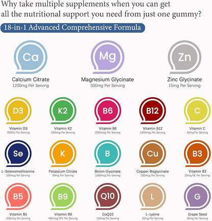 Calcium 1200 mg with Vitamin D3 Gummies, Calcium Citrate Supplements for Women & Men with Magnesium, Zinc, Vitamin D3 & K2, Potassium, Chews for Bone Strength & Muscle Support, Sugar Free, Vegan