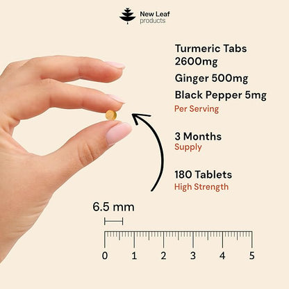 Turmeric Tablets with Black Pepper & Ginger - Curcumin - 180 Turmeric and Black Pepper Tablets (3 Month) High Strength Active Turmeric Supplements Not Capsules, by New Leaf