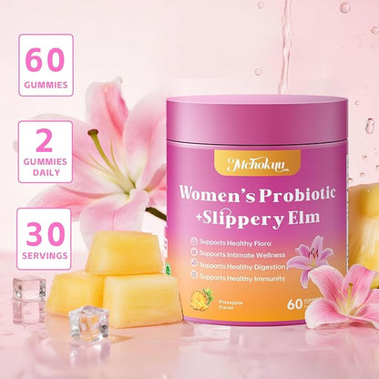Feminine Probiotics Gummies for Women with Slippery Elm Prebiotics & Lactobacillus Blend – Supports Healthy Flora, pH Balance, Gut & Immune Function, Pineapple Flavor, 60 Count