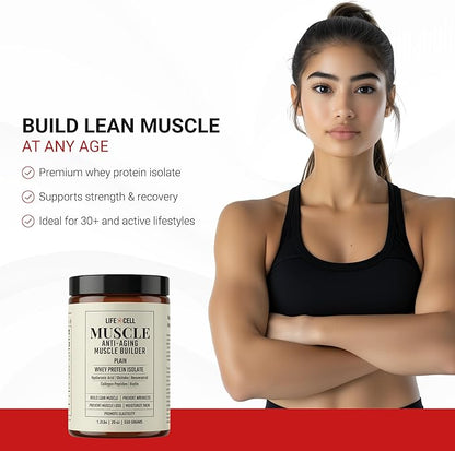 LifeCell Whey Protein – Anti-Aging Muscle Builder with Shiitake Mushroom, Collagen & Hyaluronic Acid – Plain, No Sugar Added, Soy-Free, Gluten-Free, 550g