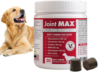 PHS Joint MAX Triple Strength (TS) Soft Chews for Dogs - Glucosamine, Chondroitin, MSM, Turmeric, Omega 3 - Hip and Joint Pain Relief and Support for Dogs - Made in USA - 30 Soft Chews