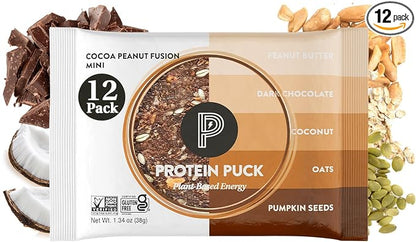 Protein Puck Vegan Plant based Protein Bar – Natural Healthy Snack Bars, 12 Count, 1.34oz Mini, Gluten Free, Dairy Free, No GMO, Kosher – Cocoa Peanut Fusion - Chocolate, Peanut Butter, Sport Nutrition
