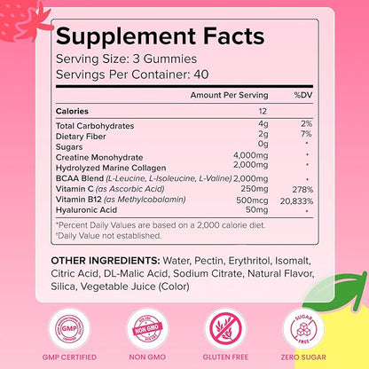 Creatine Gummies for Women, 8000 MG Complex with Collagen + BCAAs + Vitamin C & B12, Creatine Monohydrate Gummies for Women, for Booty, Energy & Strength, Sugar Free 120 Count Strawberry-Lemon Flavor