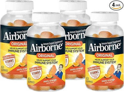 Airborne Immune Support Gummies, Zesty Orange Flavor, 63 ct - 750 mg Vitamin C + Vitamins A, D & E + Zinc, Selenium, and Manganese | with Herbal Blend | Naturally Flavored (4 Pack)