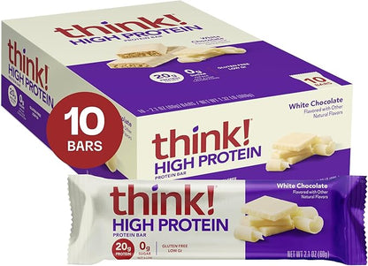 think! Protein Bars, High Protein Snacks, Gluten Free, Kosher Friendly, White Chocolate, Nutrition Bars, 2.1 Oz per Bar, 10 Count (Packaging May Vary)