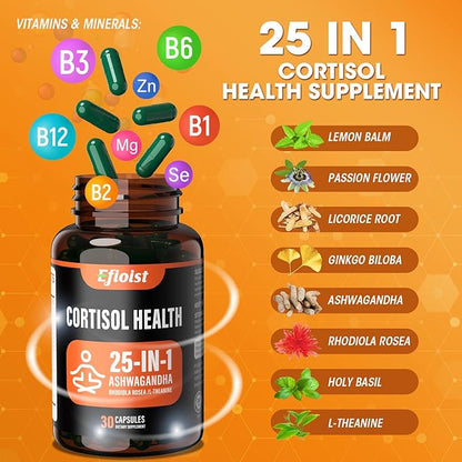Cortisol Supplement for Women, 25-in-1 Cortisol Reducer for Women & Men, Cortisol Supplements for Men with Ashwagandha, Rhodiola Rosea, L-Theanine, for Mood, Focus, Sleep Support, 30 Capsules