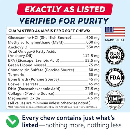 Senior Advanced Glucosamine Joint Supplement for Dogs - Green Lipped Mussel & Collagen - Large Breeds - Hip & Joint Health - Bacon Flavor - 120 Chews