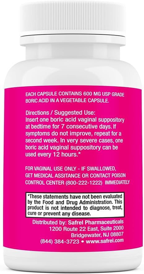 Safrel Boric Acid Vaginal Suppositories - 100% Pure Made in USA - Intimate Health Support, Vaginal Health and pH, Odor Control (30 Count)