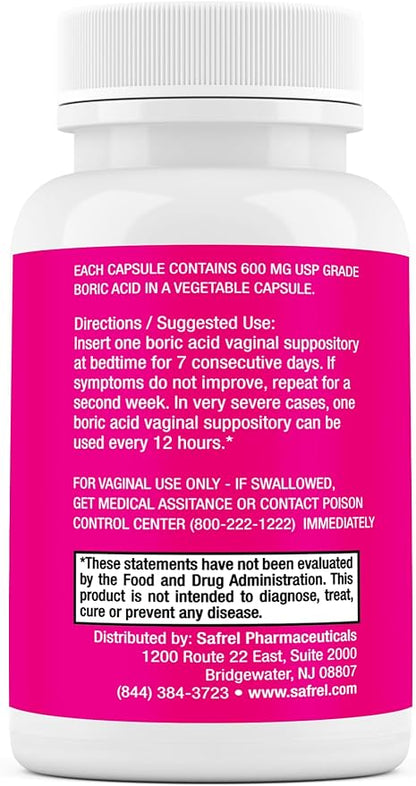 Safrel Boric Acid Vaginal Suppositories - 100% Pure Made in USA - Intimate Health Support, Vaginal Health and pH, Odor Control (30 Count)