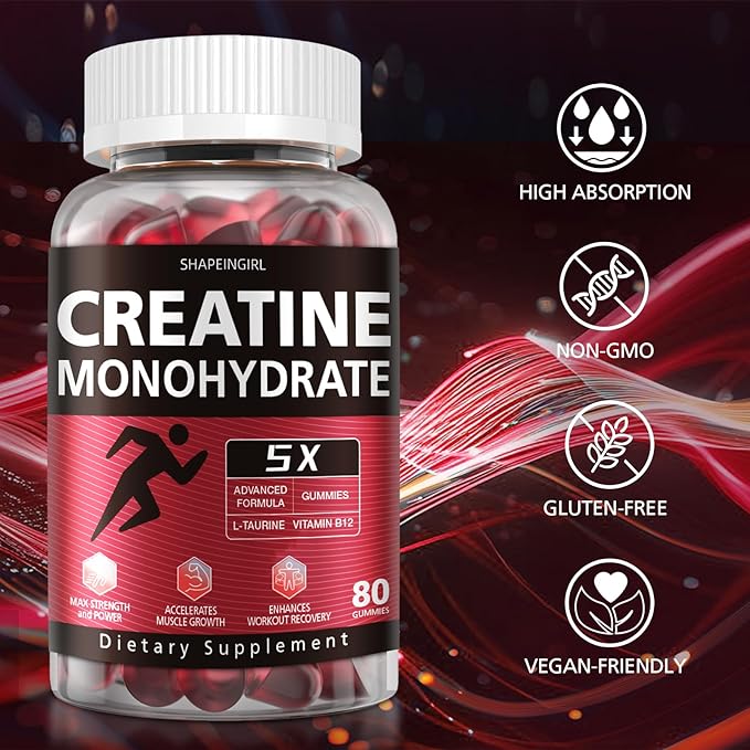 Creatine Monohydrate Gummies - Clean Creatine for Women Men for Muscle Strength, Improving Endurance & Post Workout Recovery - Creatine Supplement - Raspberry Flavors (160 Gummies)