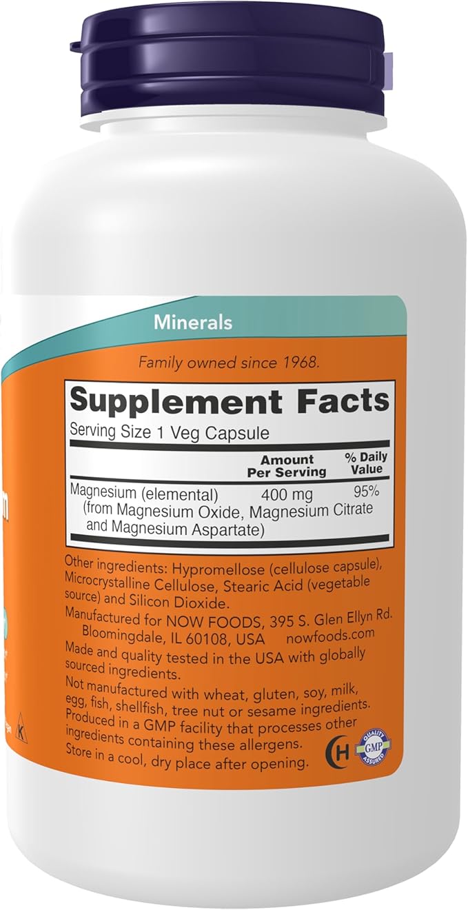NOW Foods Supplements,Magnesium 400 mg,Enzyme Function*,Nervous System Support*,180 Veg Capsules,(Pack of 2)