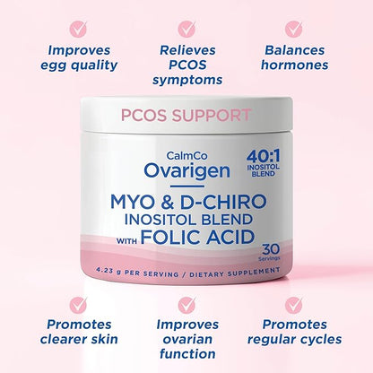 CalmCo Ovarigen Myo-Inositol & D-Chiro Inositol Supplement for Women – 40:1 Inositol Powder with Folic Acid, Fertility Supplements for PCOS, Hormone Balance and Ovarian Support (30 Servings)