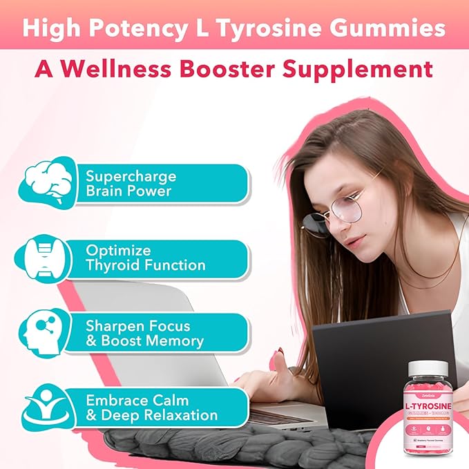 L Tyrosine Gummies, 2 Pack 10-in-1 L-Tyrosine Supplement, Tyrosine Gummies with L-Theanine B6 D3, Support Cognitive, Memory, Energy, Mood for Adult & Kids, Strawberry Flavor, 120 Ct