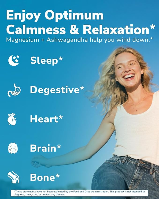 Magnesium Complex with Ashwagandha & L-Theanine - Stress Relief, Bone & Relaxation Support - w/Vitamin D3, B6 - Glycinate, Citrate, Malate, Taurate - 180 Vegan Capsules, Non-GMO, Gluten free