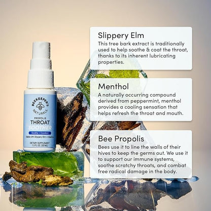 Propolis Throat Soother by Beekeeper's Naturals – Maximum Throat Relief w/ Menthol, Slippery Elm, Bee Propolis Extract – Fast-acting & Cooling Comfort (1.0 oz)(Pack of 1)