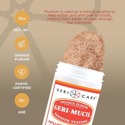 GeriCare Geri-Mucil Psyllium| 4-In-1 Orange-Flavor Psyllium Husk Powder| Daily Fiber Supplement| Sweetened Gluten-Free Fiber Drink Mix| Water-Soluble Husk Fiber Powder For Bowel Movement|13oz (2 Pack)