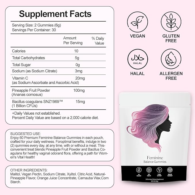 Feminine Balance Gummies, Pineapple Gummies for Women Ph, Probiotic Blend Hawaiian Pineapple Flavored 60 Gummies