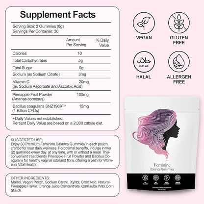 Feminine Balance Gummies, Pineapple Gummies for Women Ph, Probiotic Blend Hawaiian Pineapple Flavored 60 Gummies