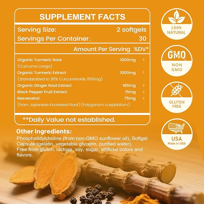 inGreens Turmeric Curcumin Supplement 2275mg, 95% Curcumin, High Absorption Liposomal Turmeric Supplement with Black Pepper & Ginger Extract, Joint Support, Immune Function, Non-GMO, 120 Softgels