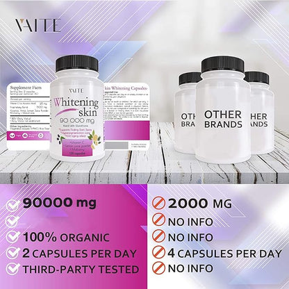 VAITE Glutathione Whitening Pills - Dark Spots & Acne Scar Remover - 90000mg - Vegan Skin Bleaching Pills with Anti-Aging & Antioxidant Effect - 120 Capsules (3 Pack)
