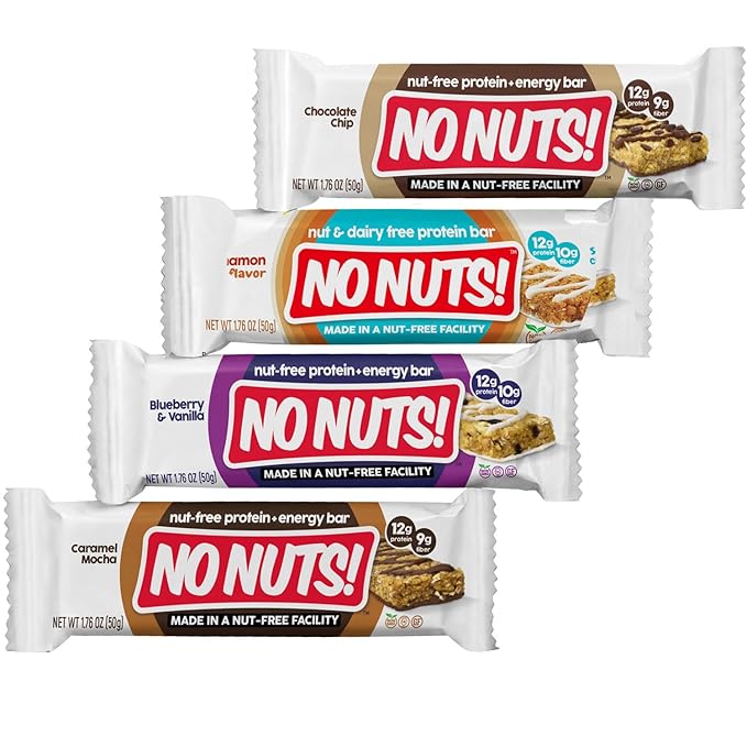 No Nuts! Protein Bar Variety Pack 4 Count Sampler | Nut-Free & School-Safe | Chocolate Chip, Caramel Mocha, Cinnamon Roll & Blueberry Vanilla | Dairy-Free, Vegan, Non-GMO, Organic, Kosher