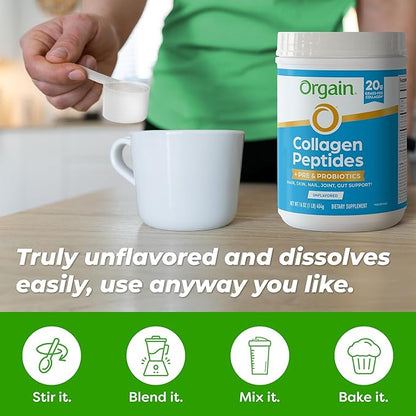 Orgain Hydrolyzed Collagen Peptides + Prebiotic & Probiotics Powder for Women & Men, 20g Grass Fed Collagen, 1 Billion CFU - Supports Digestive, Hair, Skin & Joint Health, Non-GMO, Type I & III, 1lb