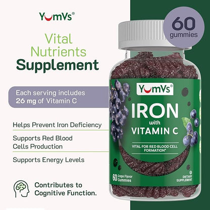 YUM-V'S Iron Gummies, Grape Flavor - 10 mg Chewable Iron Supplement, Gummies with Vitamin C - Kosher, Gluten Free - Blood Builder Iron Supplement Gummies (60 Count), Pack of 20