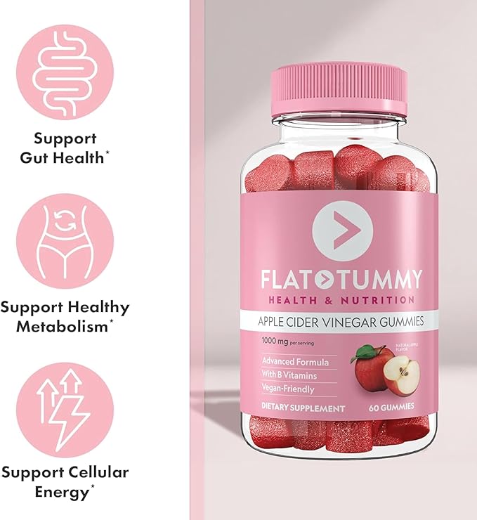 Flat Tummy Apple Cider Vinegar Gummies,– ACV Gummies,Detox,Support Gut Health – Vegan-Friendly,Non-GMO - Beet and Pomegranate Superfood Powders,Vitamins B6,B9 & B12,60 Count (Pack of 3)