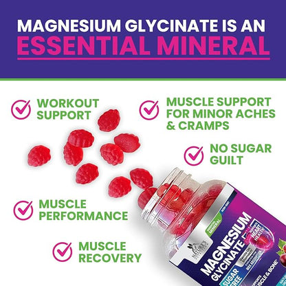 Magnesium Glycinate Supplement Gummies - Magnesium Supplement with Bone Muscle Heart Health & Sleep Support - Gentle on Stomach & Chelated for Max Absorption - Grape Flavor & Sugar Free - 60 Gummies