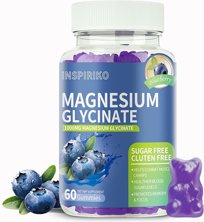 Magnesium Glycinate Gummies 1000mg - Sugar-Free Magnesium Potassium Supplement with Vitamin D, B6, CoQ10 for Adults & Kids,High Absorption for Calm Mood & Sleep Support - 60 Blueberry Gummies