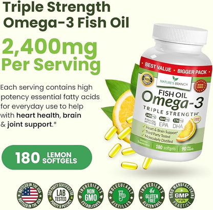 Triple Strength Omega 3 Fish Oil Supplements 2400mg | 180 Capsules, Burpless High Potency Lemon Flavor, High EPA DHA for Men & Women Ultra Pure Softgels | Joint Support, Eyes, Heart Brain Health Pills