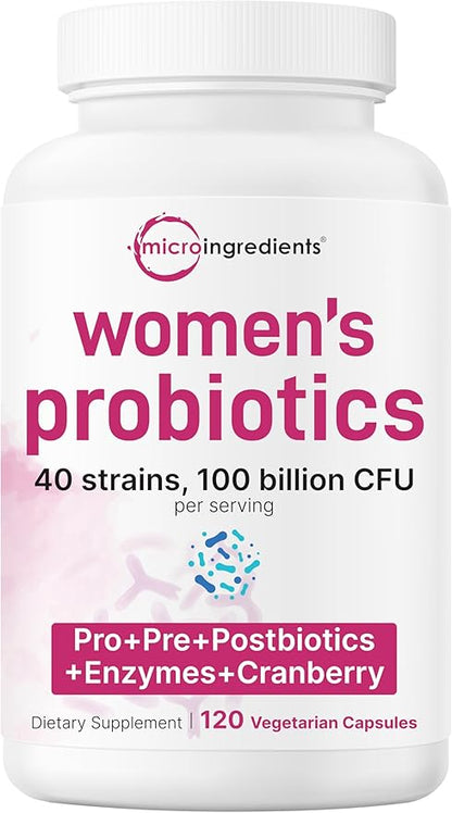 Micro Ingredients Probiotics for Women 100 Billion CFU with Prebiotics, 120 Veggie Capsules | pH Balance, Urinary Tract, Vaginal & Gut Health Support* | 40 Strains with Cranberry, D-Mannose & More