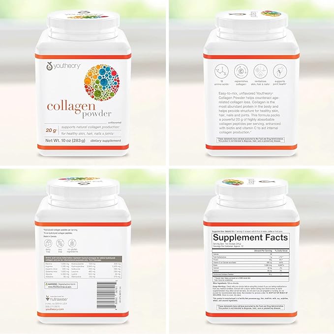 Youtheory Collagen Powder - Hydrolyzed Collagen Peptides with Vitamin C - Supports Healthy Bones, Joints & Immune System* - Unflavored - 10 oz (10-Day Supply)