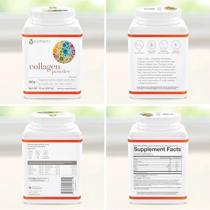 Youtheory Collagen Powder - Hydrolyzed Collagen Peptides with Vitamin C - Supports Healthy Bones, Joints & Immune System* - Unflavored - 10 oz (10-Day Supply)