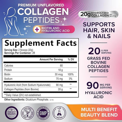 Collagen Peptides Powder - Hydrolyzed Type 1 & 3 Collagen Peptides 20g per Serving with Hyaluronic Acid & Biotin - Vital Nail, Skin & Joint Support - No Sugar, Unflavored, Bottled in USA - 28 Servings